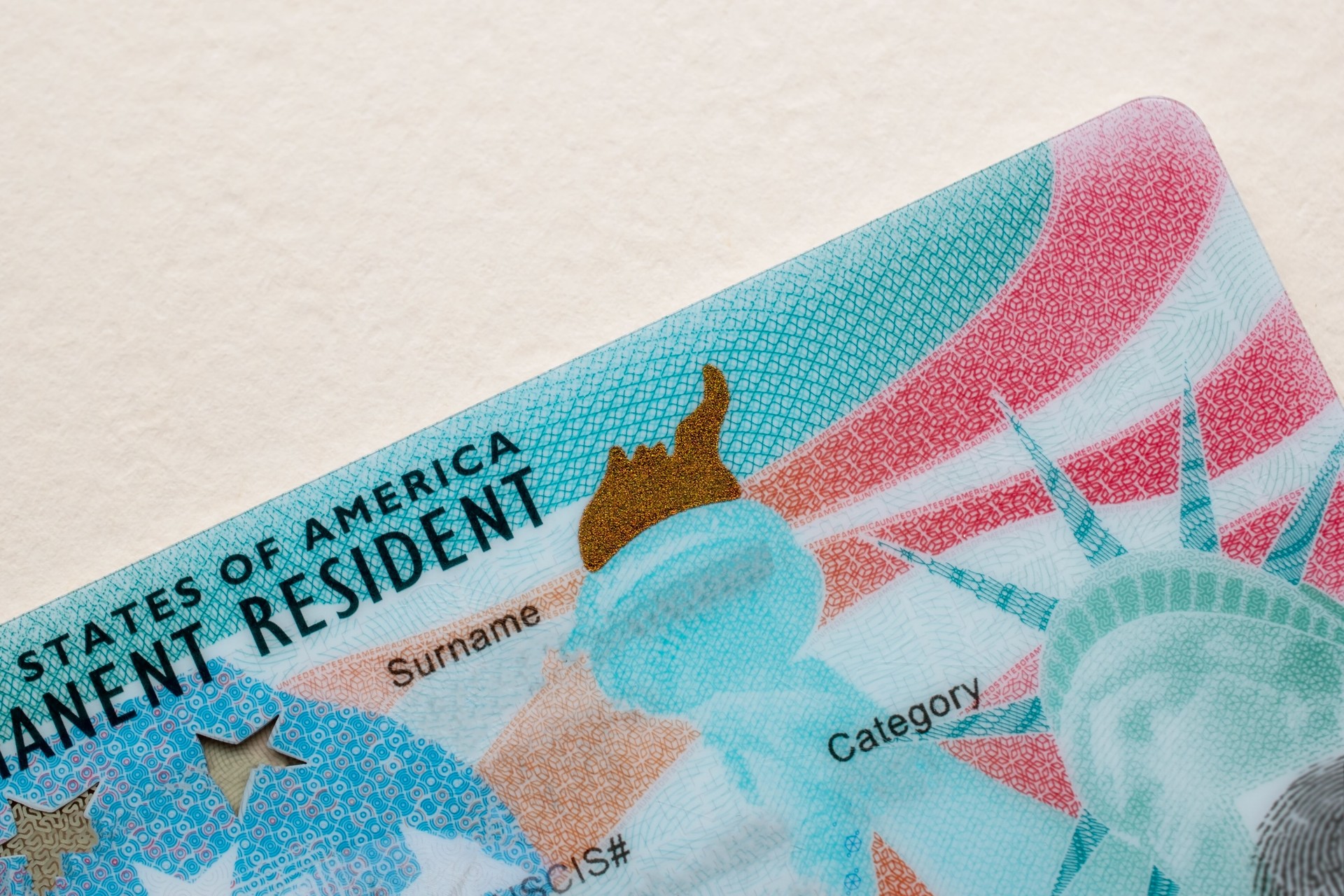 Green Card US, Permanent resident card USA, United States of America immigrant, work and travel documents, emigration, immigration, tourism concept